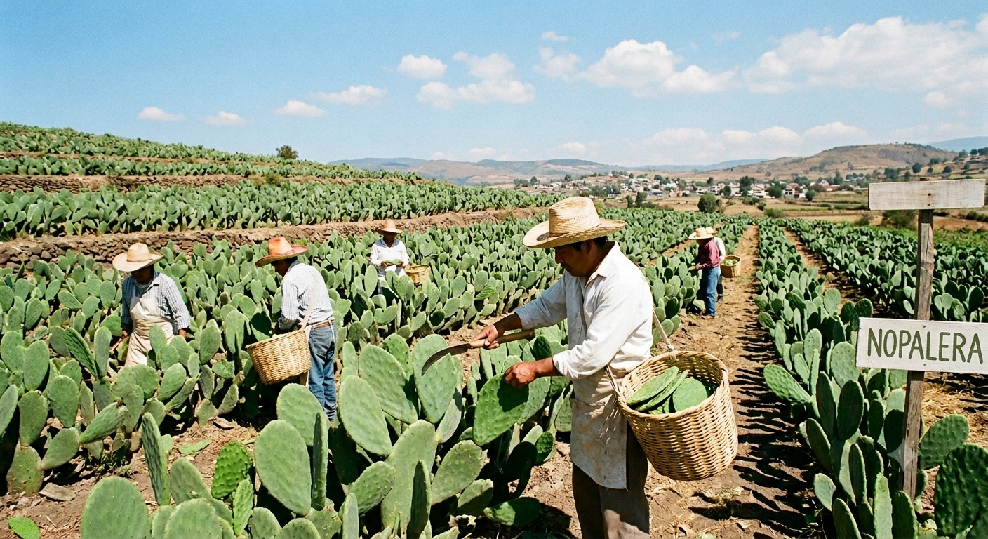 Cosecha de nopal en campos mexicanos